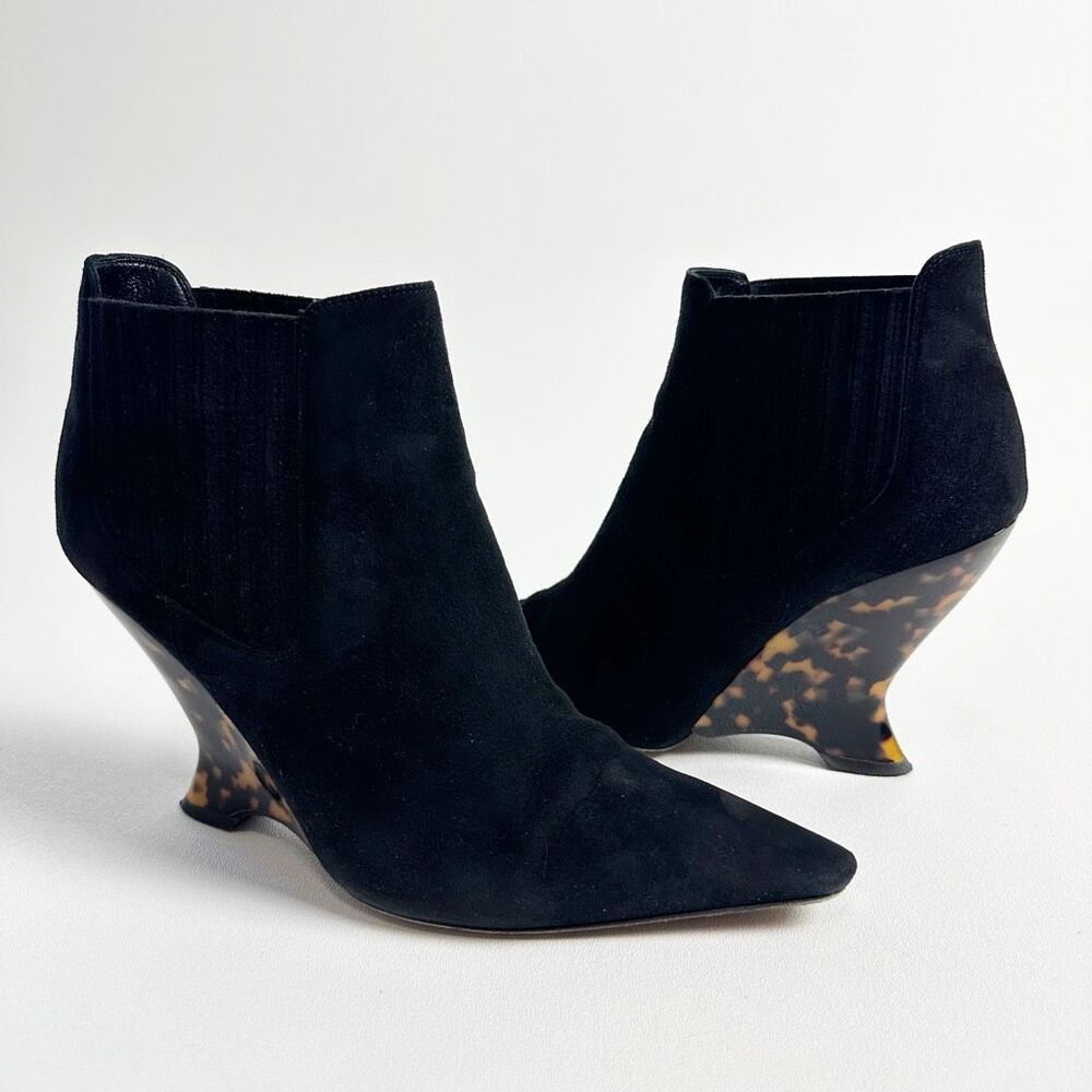 DIOR Optic-D Black Suede Chelsea Ankle Boot 37.5 Sculpted Tortoiseshell Wedge